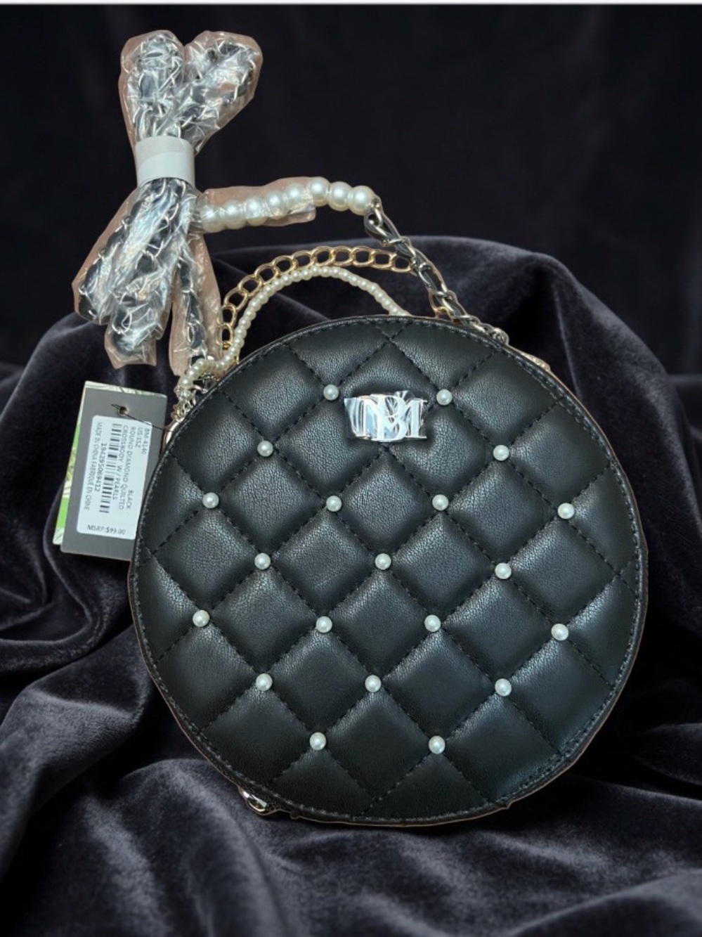 Badgley Mischka Round Quilted Crossbody with Pearl Accents - Black - NEW!